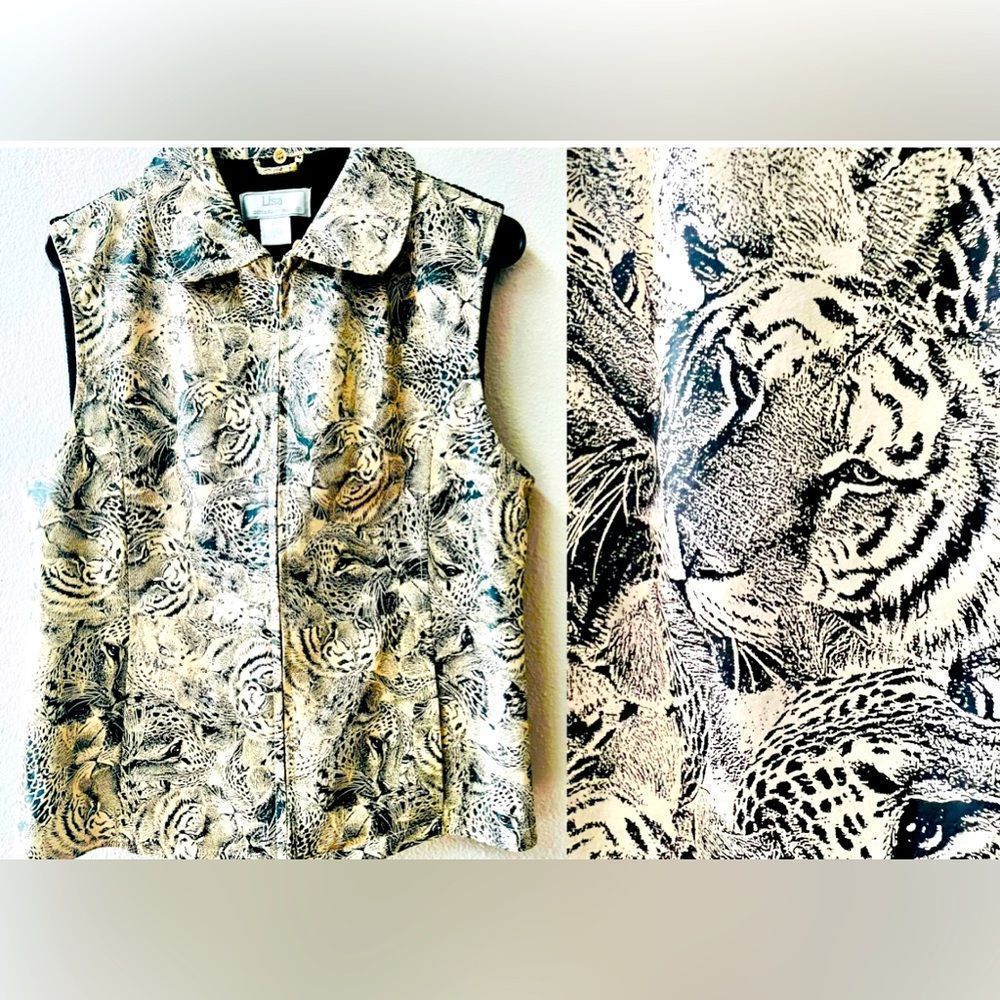 LISA INTERNATIONAL SUEDE TIGER GRAPHICS SWEATER BACK VEST SIZE L NEW